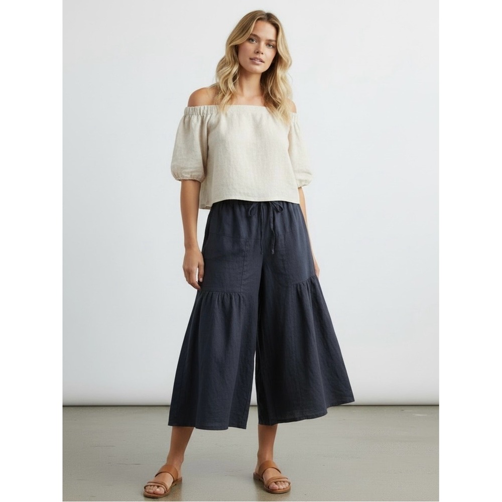 CP Shades Charcoal Black 100% Linen Wide Leg Cropped Tiered Drawstring Pants